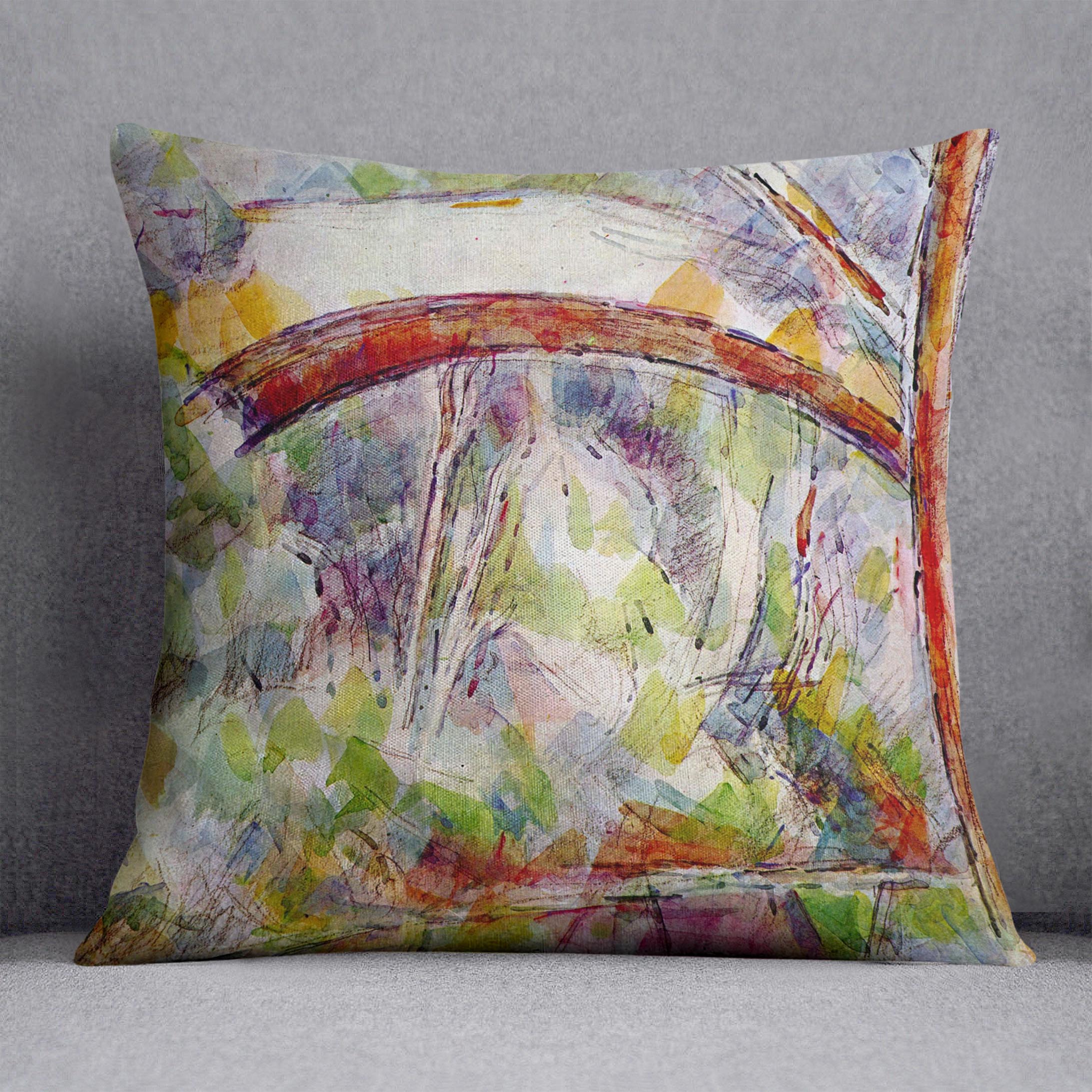 Cushion featuring Cezanne's River at the Bridge of Three Sources design, made from luxurious vegan faux suede with vibrant colors.